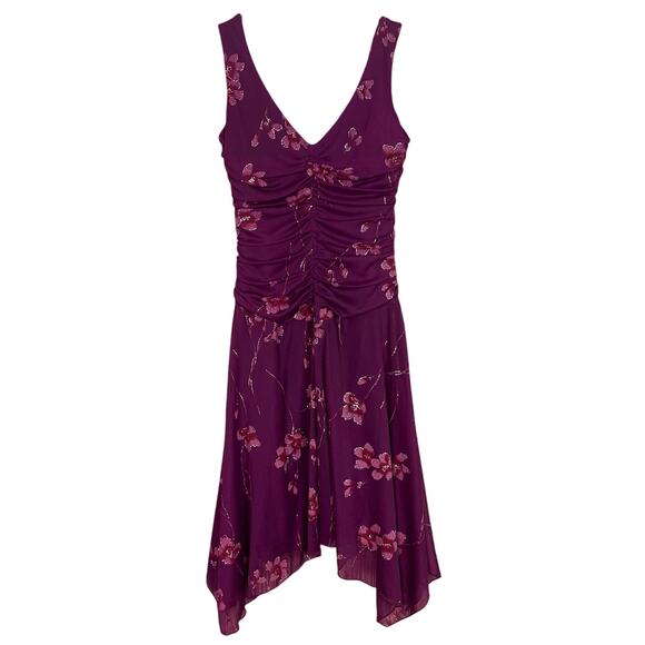 B. Darlin Y2K Dress V-Neck Sleeveless Fairycore Purple Floral Ruched Size 5/6 - Picture 1 of 7